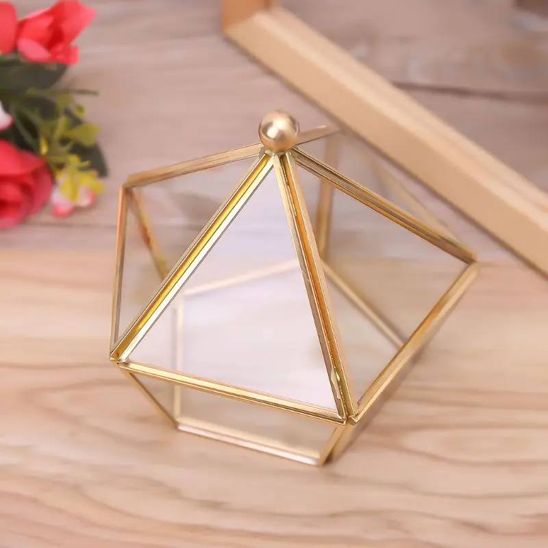 

Vintage Decorative Jewelry Chest Geometric Terrarium Window Box Storage Display Case Pentagon Shape Clear Glass and Brass Tone