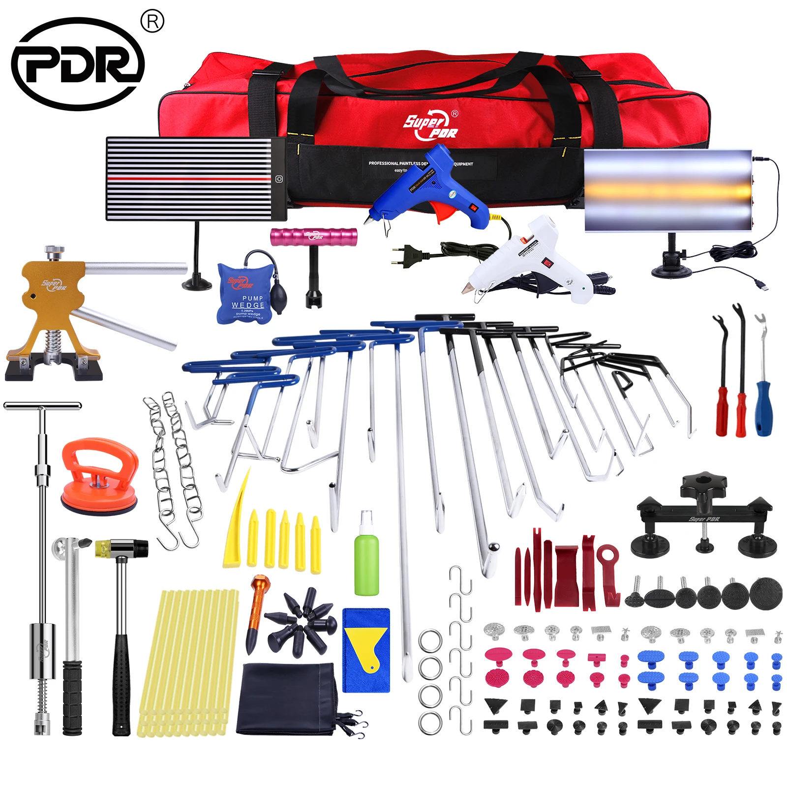 

PDR Tools Paintless Dent Repair Removal Rods LED Lamp Reflector Board Puller Lifter Reverse Hammer PDR Push Rods Crowbar Kit