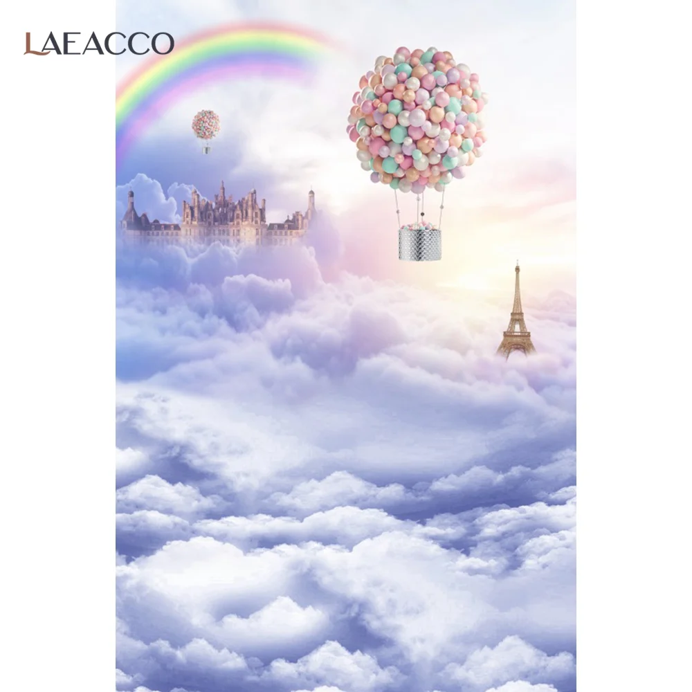 Laeacco Baby Birthday Dreamy Background Sky Castle Hot Air Balloon Rainbow Child Newborn Customized Poster Photographic Backdrop