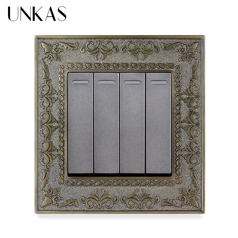 UNKAS 4 Gang 1 Way / 2 Way Wall Light On / Off Switch Grey 4D Embossing Panel Retro Zinc Alloy Luxury Pass Through Gray