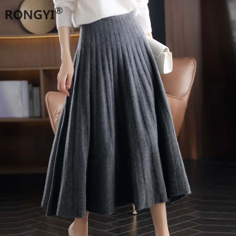 RONGYI 100%Wool Skirt Women Autumn High End Wild Pleated Fashion Thicken Elegant Winter Long Cashmere Knit Skirt Elastic Waist