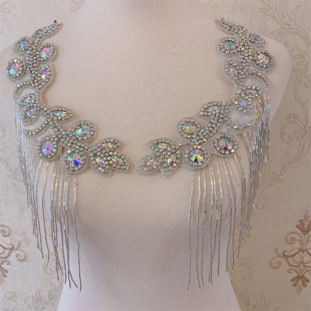 2pcs Handmade Crystal Rhinestone Applique Iron on Shoulder Trim for wedding dress DIY