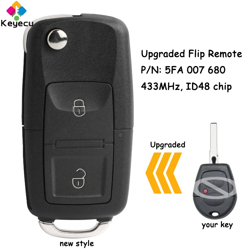 

KEYECU Upgraded Flip Remote Car Key With 2 Buttons 433MHz ID48 Chip for Volkswagen Bora Polo Golf Passat Lupo Fob 5FA 007 680