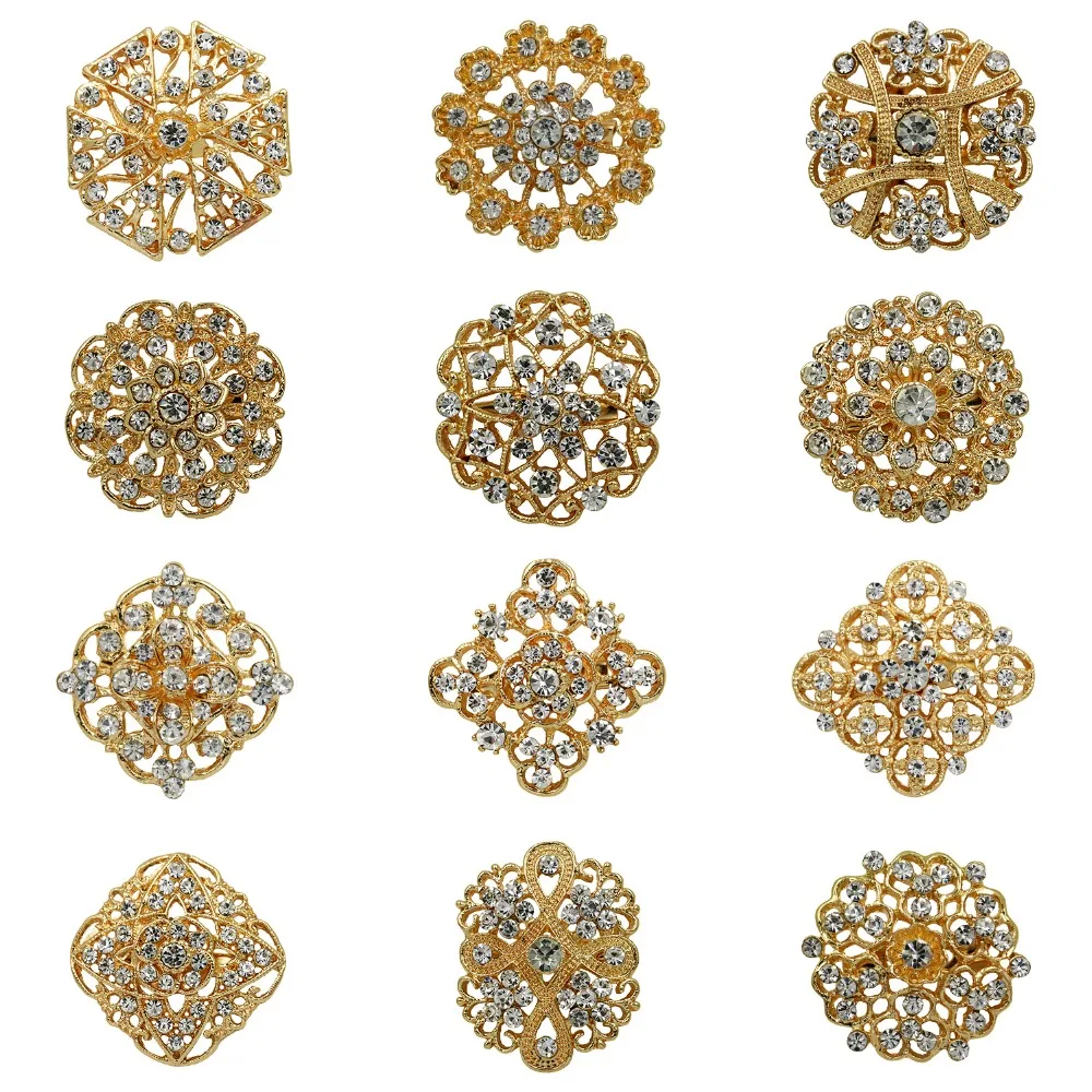 WEIMANJINGDIAN Brand Set of 12 Pcs Crystal Rhinestones Flower Brooches For Wedding Bouquet DIY Crafts Kits