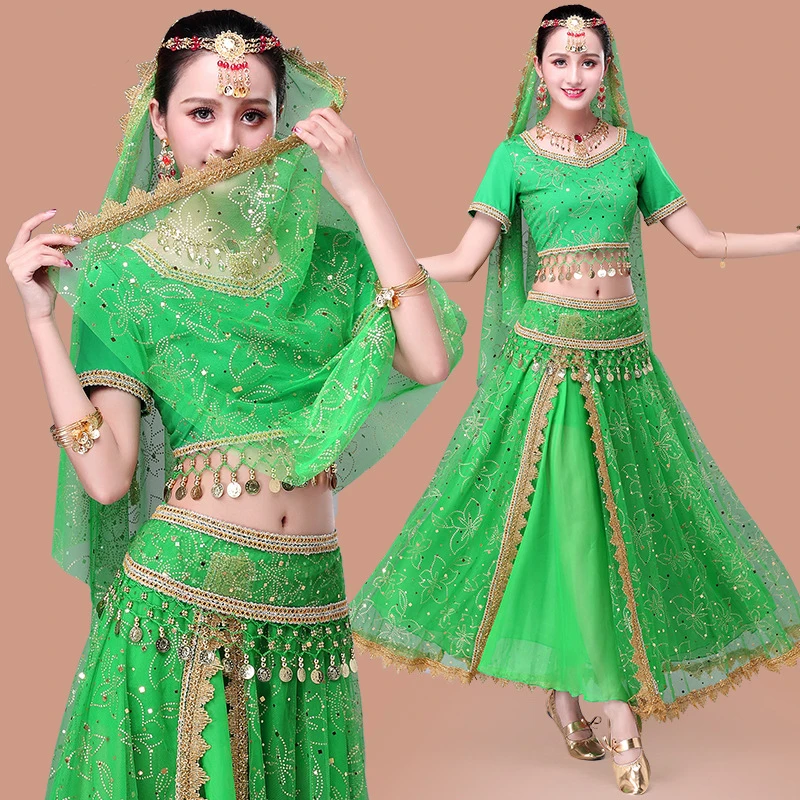 New Women Indian Belly Dance Costume Set Dance Sari Outfit Bollywood Stage Performance Chiffon Top Belt Skirt Bellydance