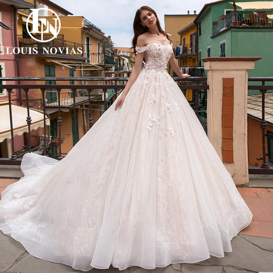 LOUIS NOVIAS Off Shoulder Wedding Dresses For Women Sexy Strapless Flower Bridal Gown Shining Princess A-Line Vestidos De Novia