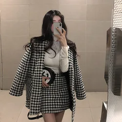 Spring Autumn Two 2 Piece Set Retro Houndstooth Small Fragrance Wind Mid-length Coat High Waist Skirt Women Jackets Elegant Set