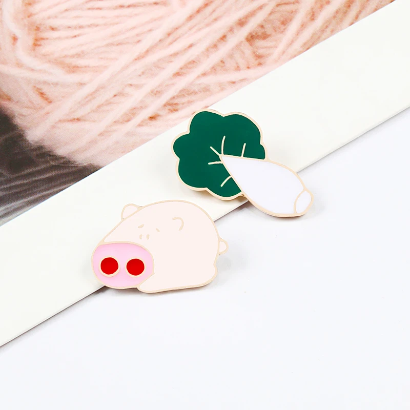 Cute Pig and Cabbage Enamel Pins Cartoon Vegetables Plant Animal Brooch BackPack Clothes Lapel Pin Metal Badge Kids Jewelry Gift