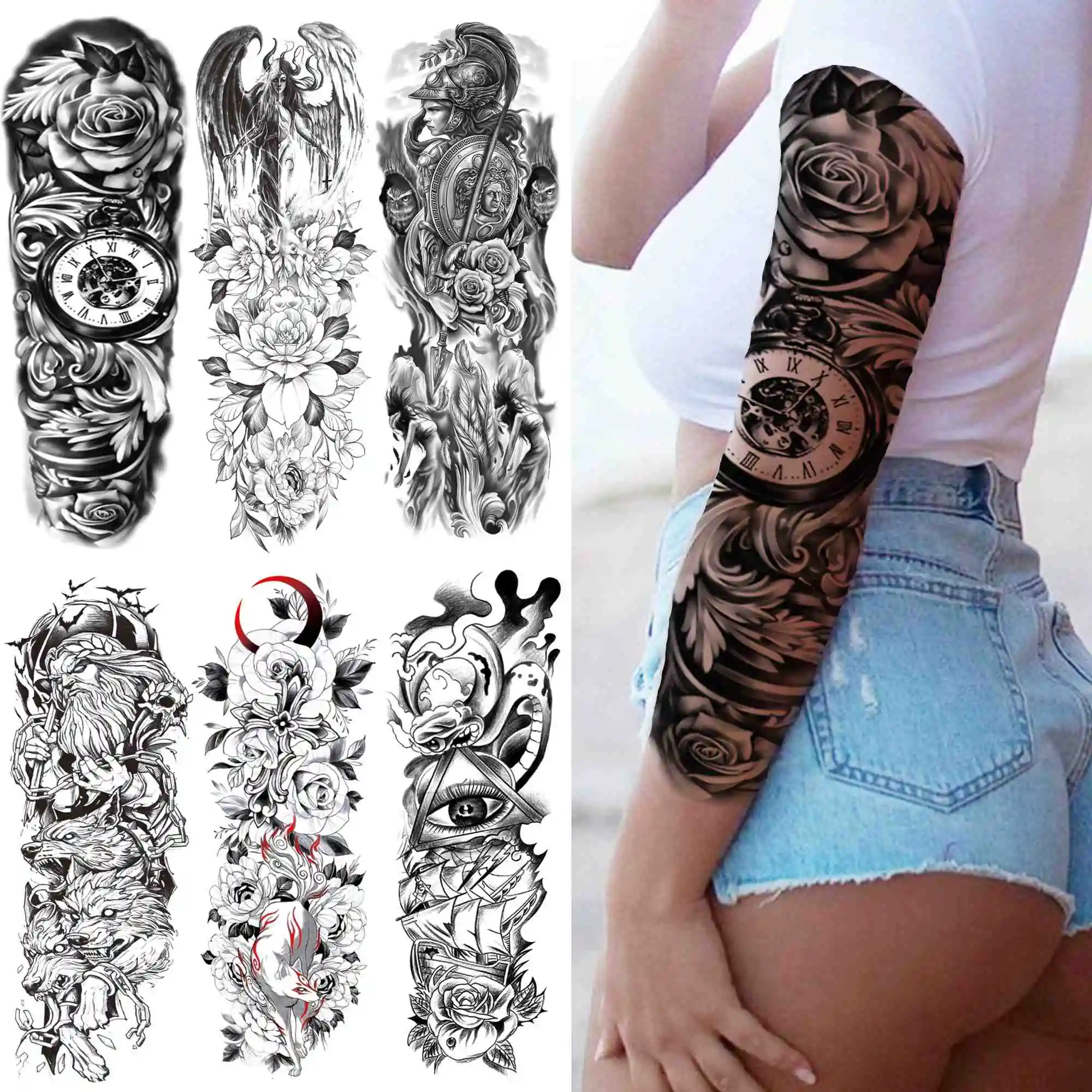 Tatouage temporaire 3D Rose à grande fleur pour femmes et hommes, faux, boussole noire, guerrier, autocollant, Triangle, manches complètes
