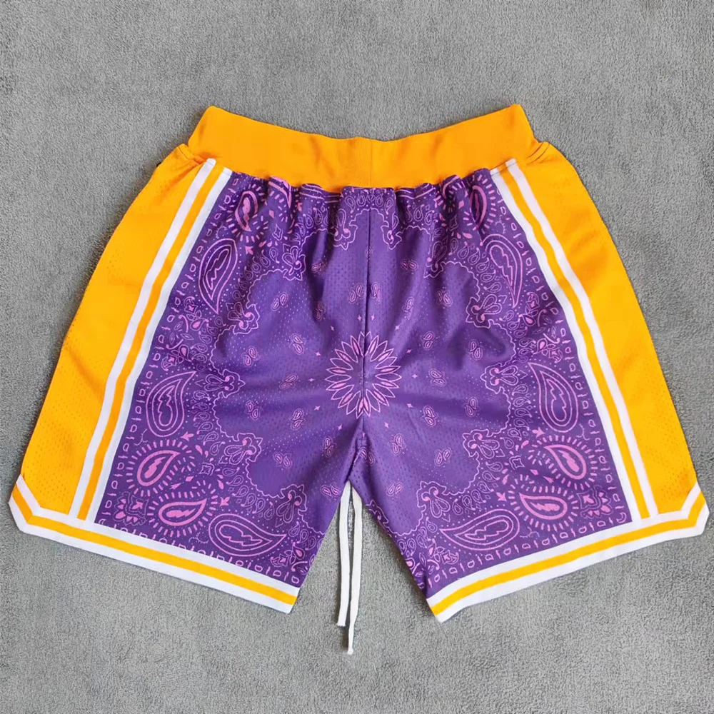 MM MASMIG Los Angeles w stylu fioletowym z wzorem Paisley szorty do koszykówki ze spodniami na zamek błyskawiczny z kieszeniami Bryant LeBron