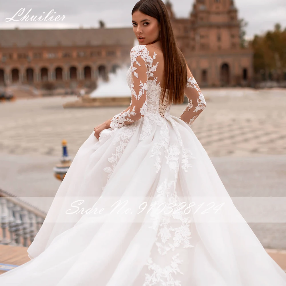 Lhuilier-vestido de novia elegante con cuello redondo, vestido de novia con apliques de encaje, mangas completas, largo hasta el suelo, tren de la capilla