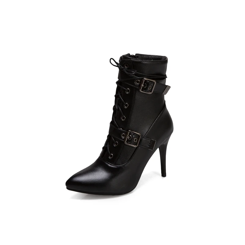 Plus Size 50 Ankle Boots Women Lace-up Zipper Thin High Heels Boots Point Toe Fetish Shoes Sexy Party Wedding Ladies Shoes 3993