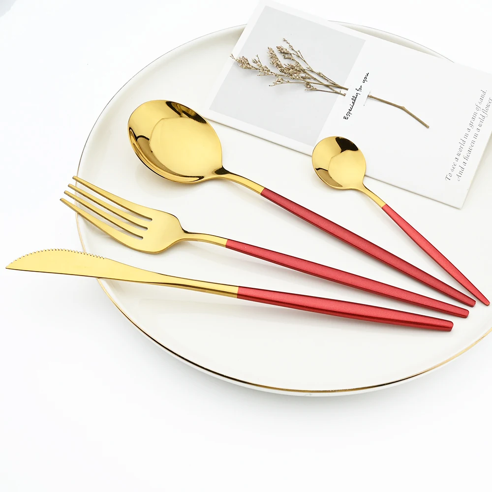 Mirror Red Gold Stainless Steel Cutlery Set Flatware Set Knife Coffee Teaspoons Forks Dinnerware Silverware Kitchen Tableware