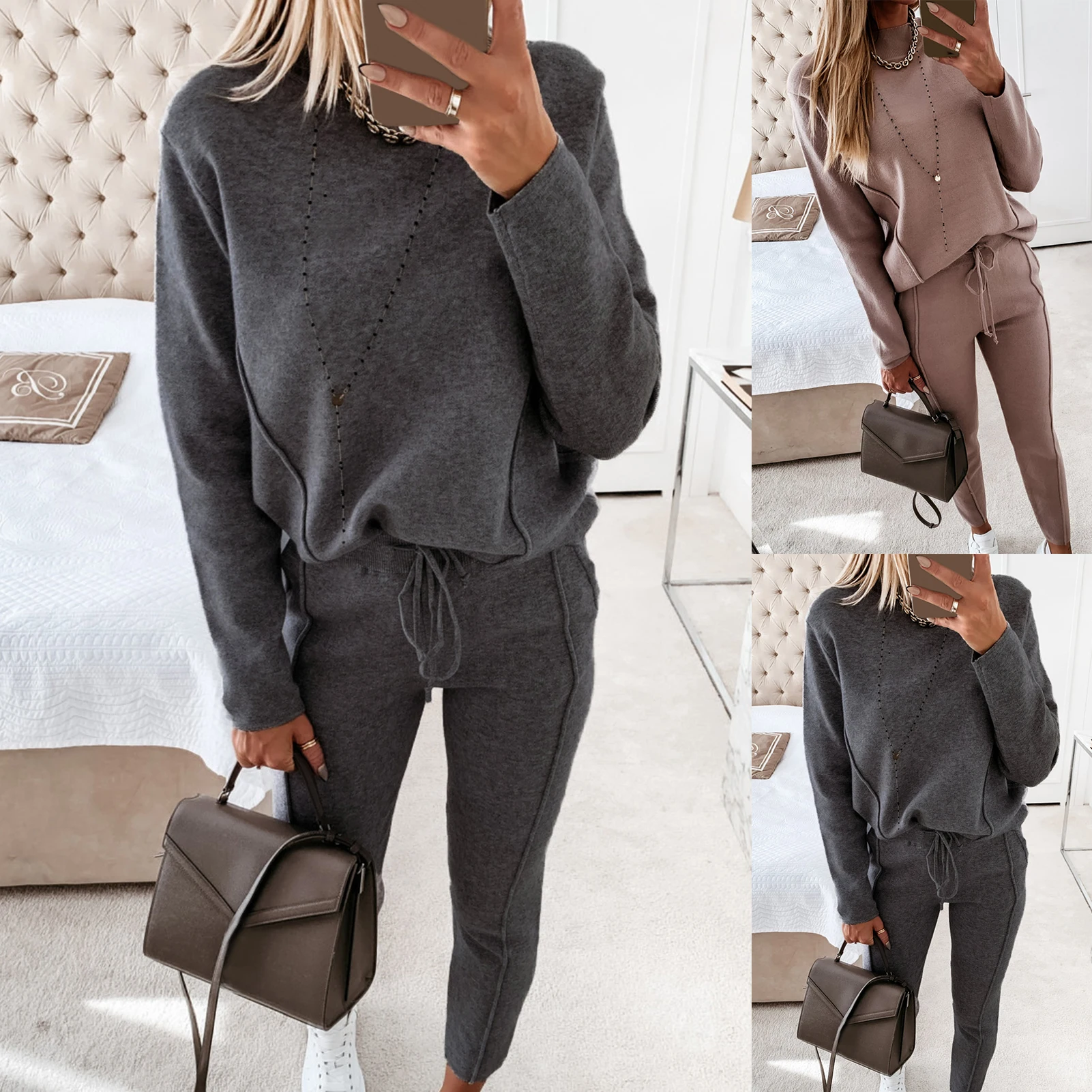 Women\'s Tracksuit Two Pieces Autumn Fashion Solid Casual Long Sleeve Pullover Outfits High Waist Bandage Pants Oversized Hoodies