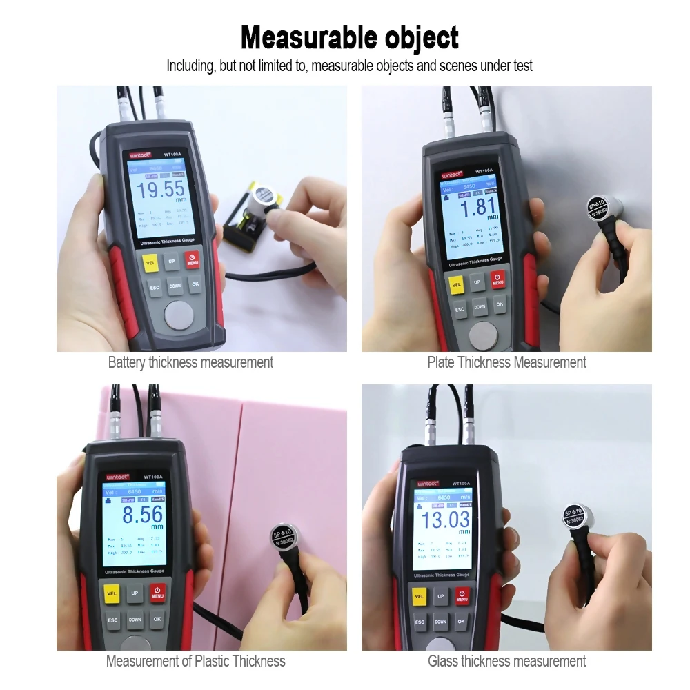 WT100A(1.00-225.0Mm) WT130A(1.00-300.0Mm) USB Pengisi Daya Logam Penguji Presisi Tinggi Meteran Pengukur Ketebalan Ultrasonik Digital