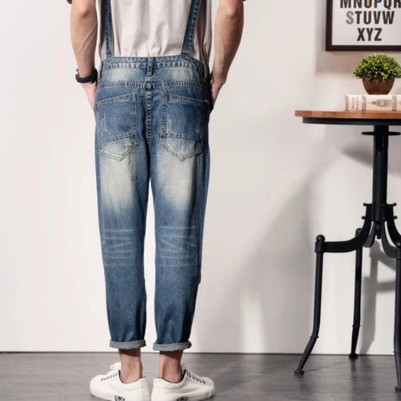 Summer Harajuku Men Hole Ripped Jeans Jumpsuits Plus Size Male Trousers Slim Denim Overalls Retro Casual Cowboys Suspender Pants