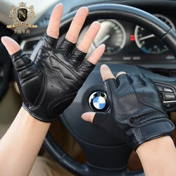 Man Half Finger Gloves Real Leather Motorcycle Gloves Fashion Black Sheepskin Semi-Finger Driving Mittens Male M-53