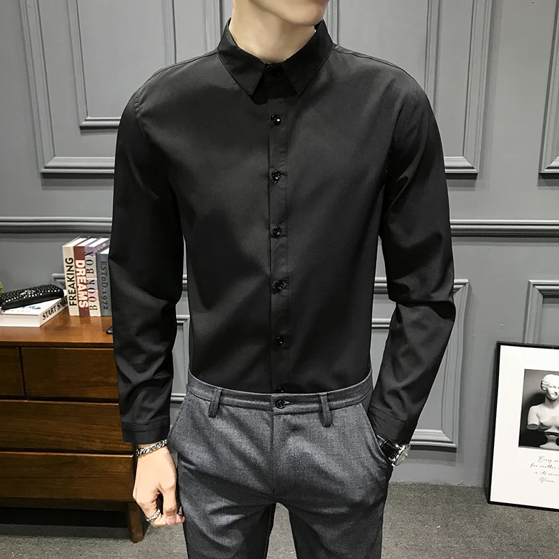 

Shirt Men Black Long Sleeve Slim Stand Casual Dress Shirts Mens Trajes De Hombre Formal Business Streetwear Social Shirt Camisa