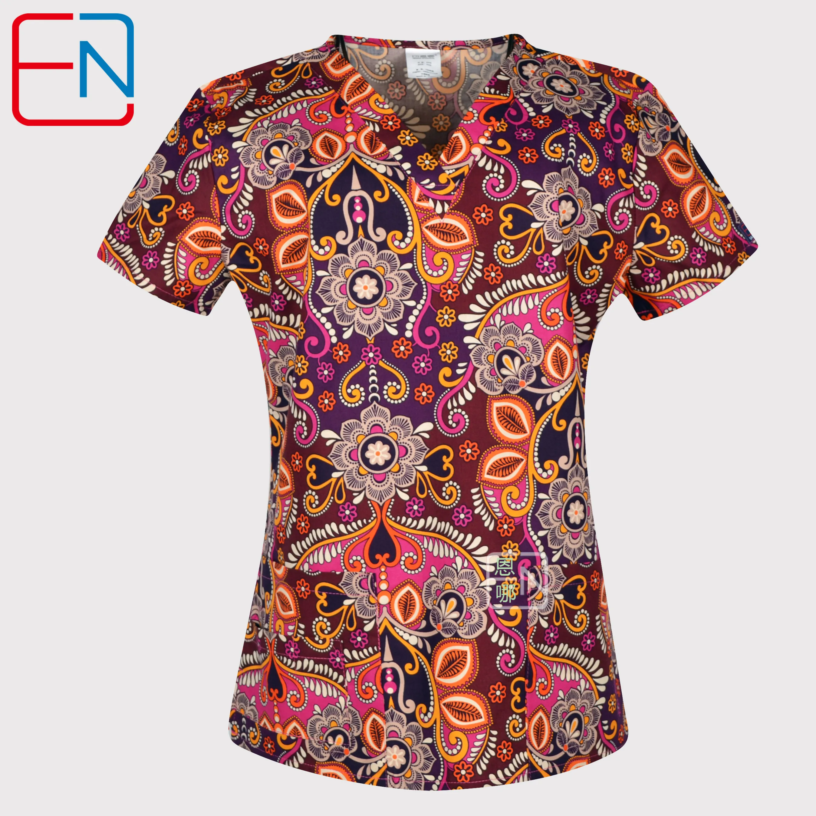 Women scrub top with V neck 100% cotton flowers scrub uniforms  XXS-5XL 11 floral prints scrub tops