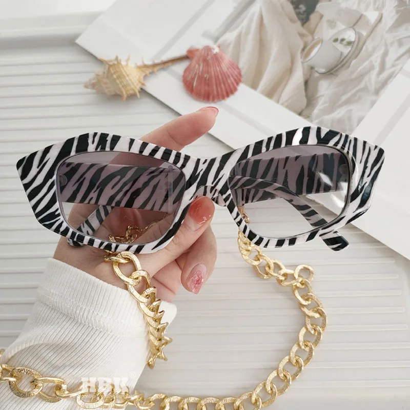 HBK Irregular Tiger Print Eyeglasses For Women Vintage Unique Cat Eye High Quality Glasses Frame Female Elegant Shades Chain