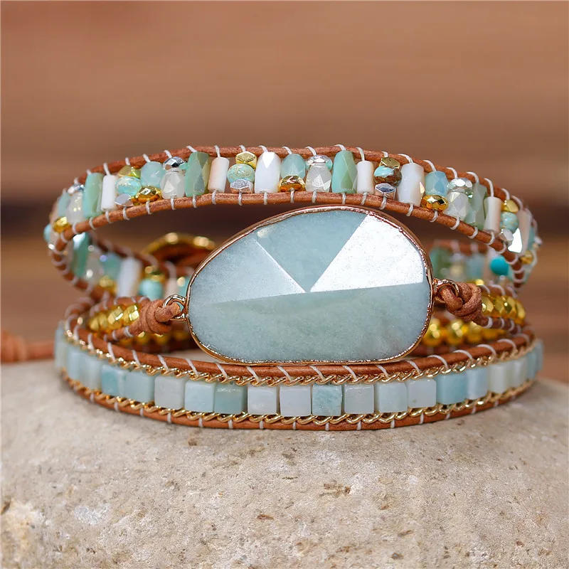 YueTong Women Wrap Bracelet Amazonite Beads 3 Times Leather Wrap Around Bracelet Multilayers Statement Bracelet Gifts Jewelry