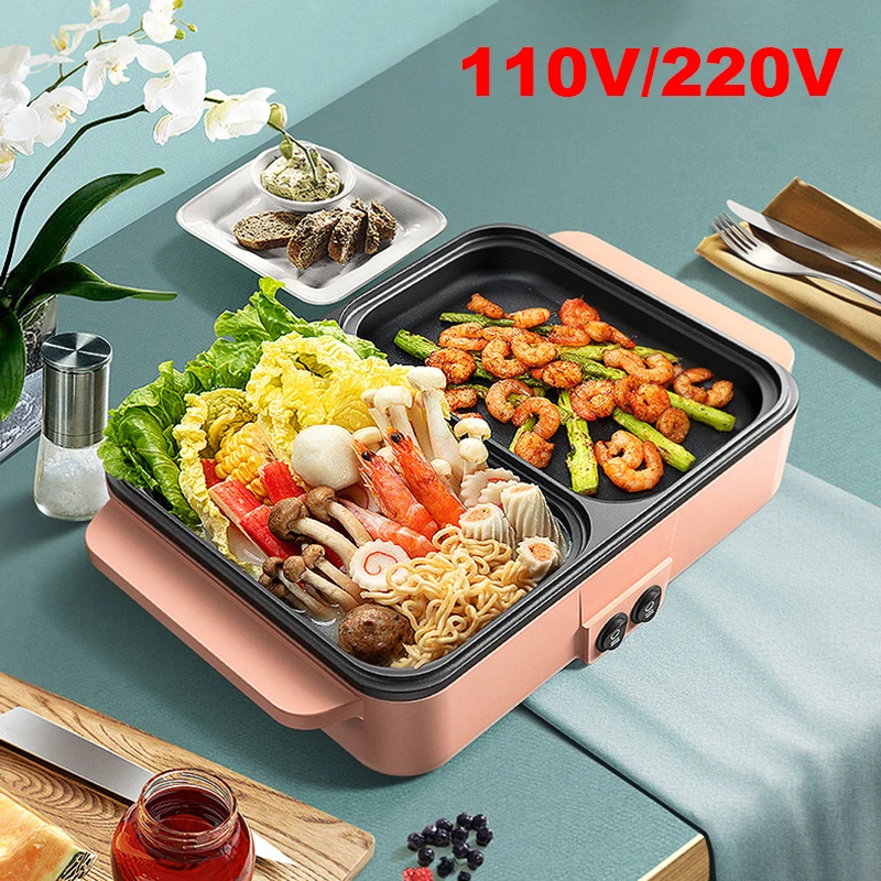 110V/220V 2 IN 1 Electric Hot Pot Cooker BBQ Grill Multicooker Electric BBQ Grill Non Stick Plate Barbecue Pan Dormitory Hot Pot