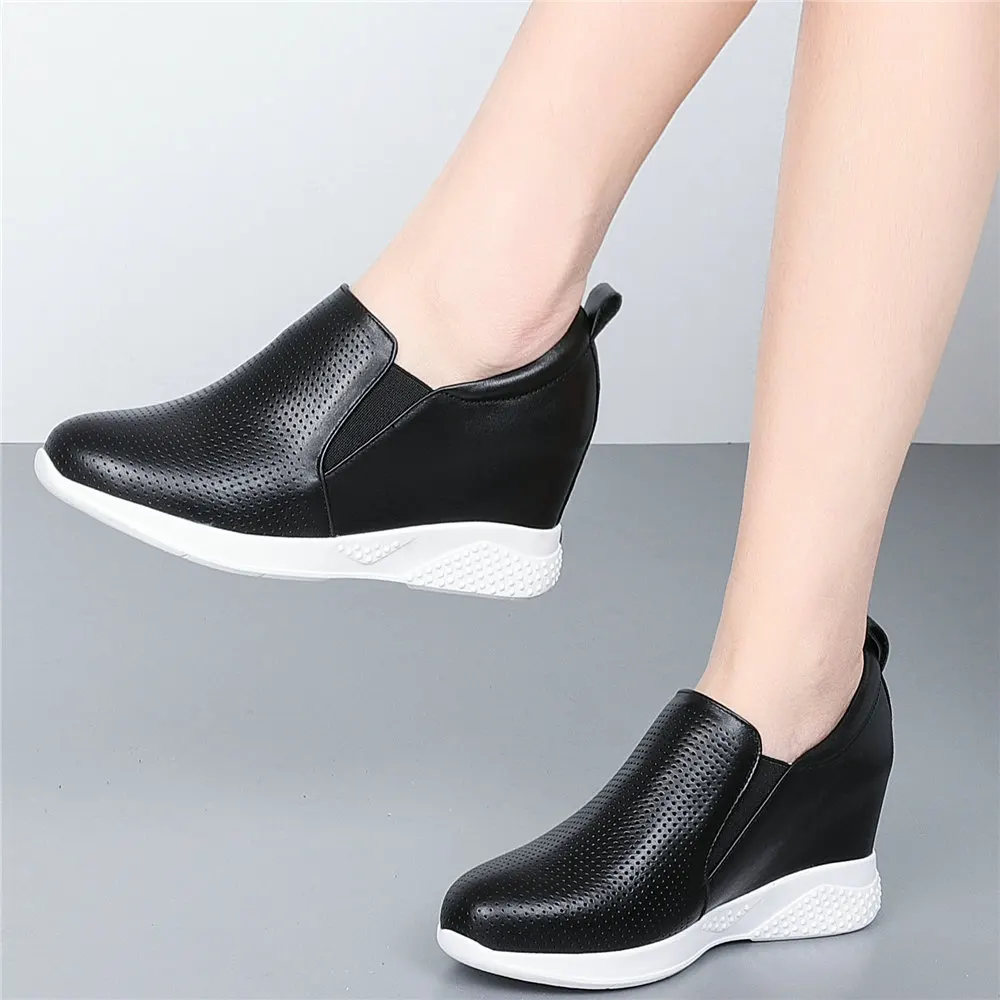 

2023 Platform Loafers Women Genuine Leather Wedges High Heel Ankle Boots Female Low Top Round Toe Fashion Sneakers Casual Shoes