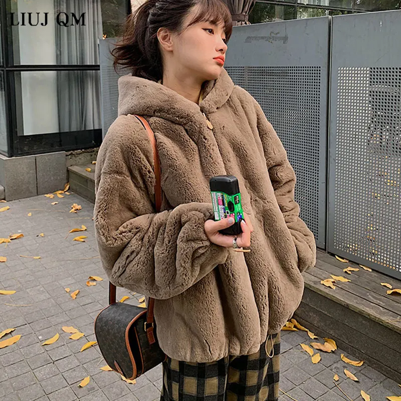 Oversize Parkas Women's Winter Fur Jacket Female Loose Faux Rabbit Fur Zip Hooded Thicken Short Fur Coat Thick Furry Warm Jacket