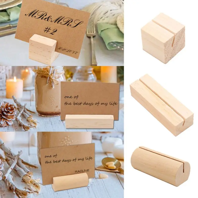 10 Pcs Business Card Holder Natural Wooden Rectangle Shaped Photo Stand Picture Holder Handmade Memo Clips Desktop Message Craft