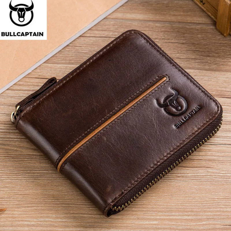 Bullcaptain retro RFID zipper with compartment men's wallet RFID credit card holder anti-theft leather mini men's wallet