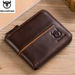 BULLCAPTAIN-cartera de cuero genuino para hombre, Mini billetera Vintage con cremallera y Clip de partición, tarjetero RFID, antirrobo