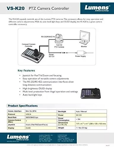 K20 PTZ Camera Controller, Joystick for Pan/Tilt/Zoom and Focusing, RS-232/RS-422 Communication Interfaces, High Brightness OLED