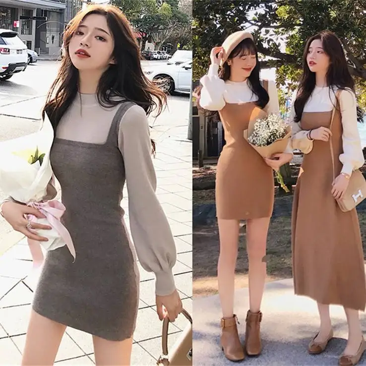 Woherb Fashion Women Fake Two Pieces Patchwork Knitted Dress Chic Korean Stretch Bodycon Dresses Female Spring Autumn Vestidos