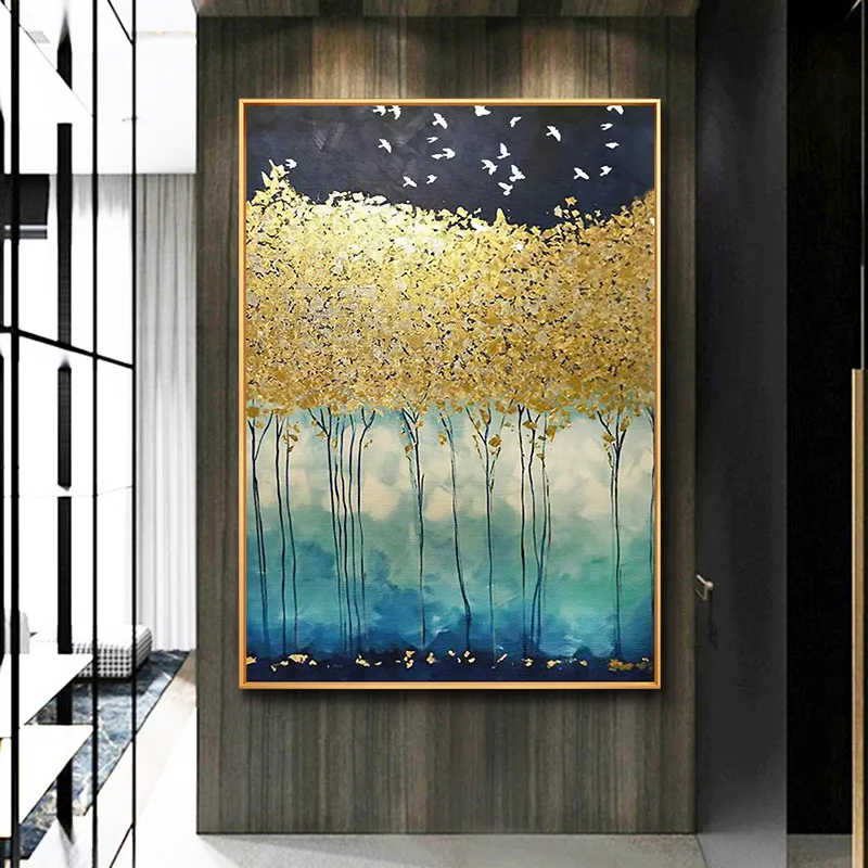 Hand-painted Oil Painting Pachira Modern Minimalist Light Color Gold Luxury Dining Room Entrance Vertical Version Of Custom Deco