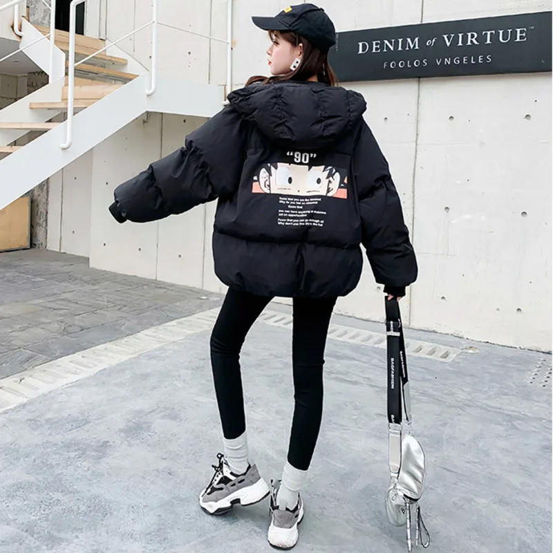 Dames Jassen Winter Jacket Women Hood Warm Short Casual Coat Harajuku Youthful Cartoon Printing Loose Bread Cotton Parka