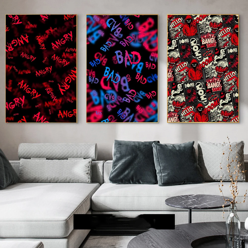 Simple mural canvas poster angry bad wow hello letter painting living room bedroom wall decoration