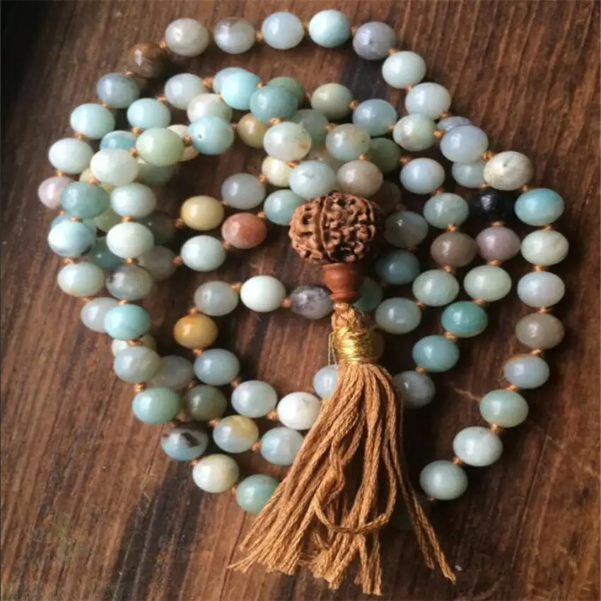 

6mm Amazonite Gemstones Knot mala necklace yoga MONK chain Tassel Wrist Unisex Buddhism Reiki natural Healing Fancy Prayer Men