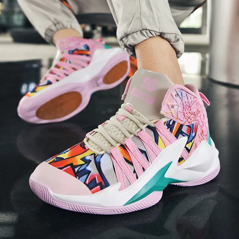 Fashion Pink Graffiti Men\'s Basketball Sneakers Print Sports Shoes Men High Top Non Slip Basketball Shoes Men chaussure basket