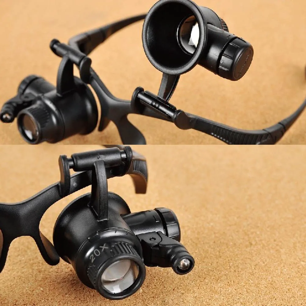 10X 20X Adjustable LED Binocular Double Eye Jeweler Watch Repair Headband Glasses Magnifier Loupe