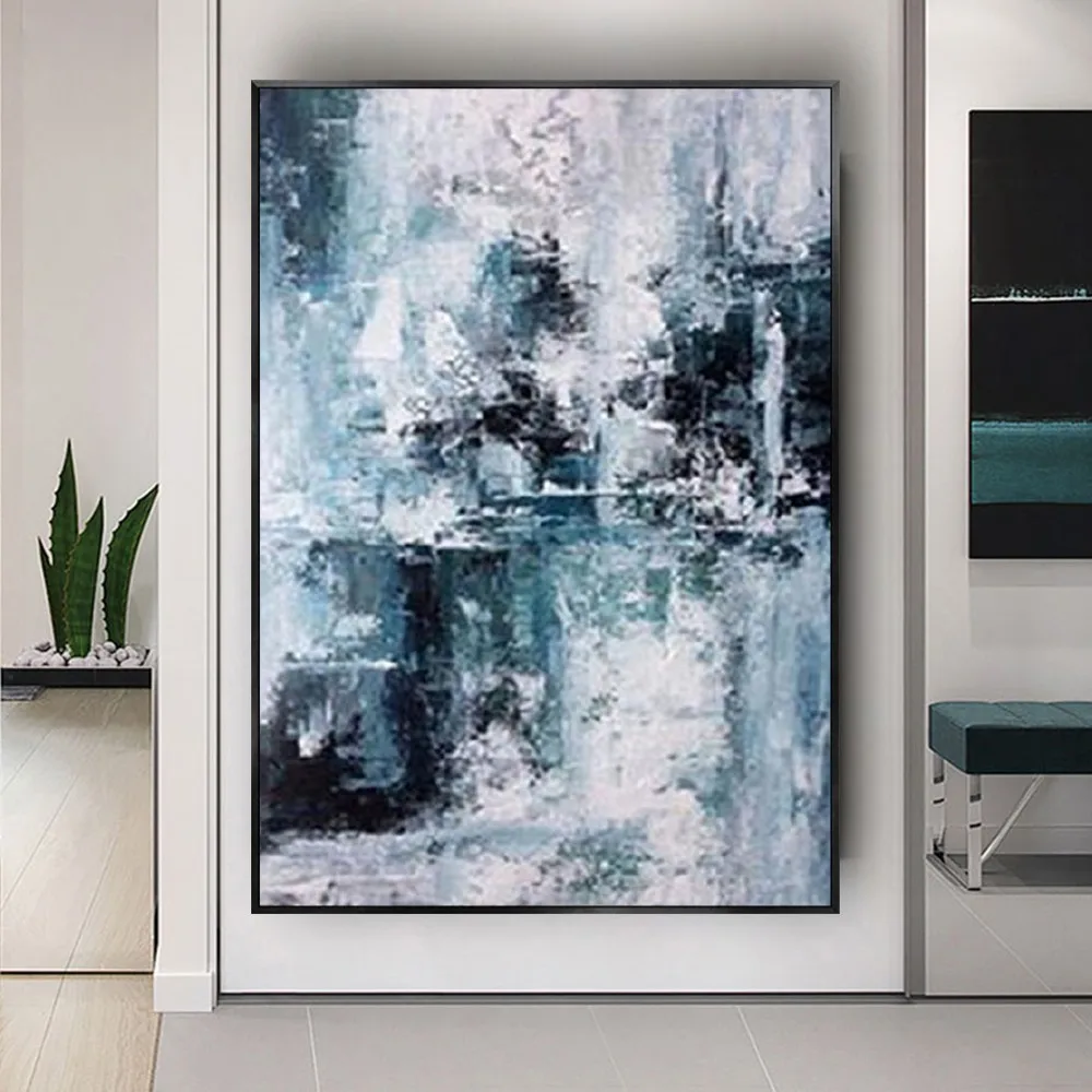 Modern 100%Hand-Painted Oil Painting Blue Gray Acrylic Paint Created Canvas Picture Abstract Wall Art For Home Living Room Decor