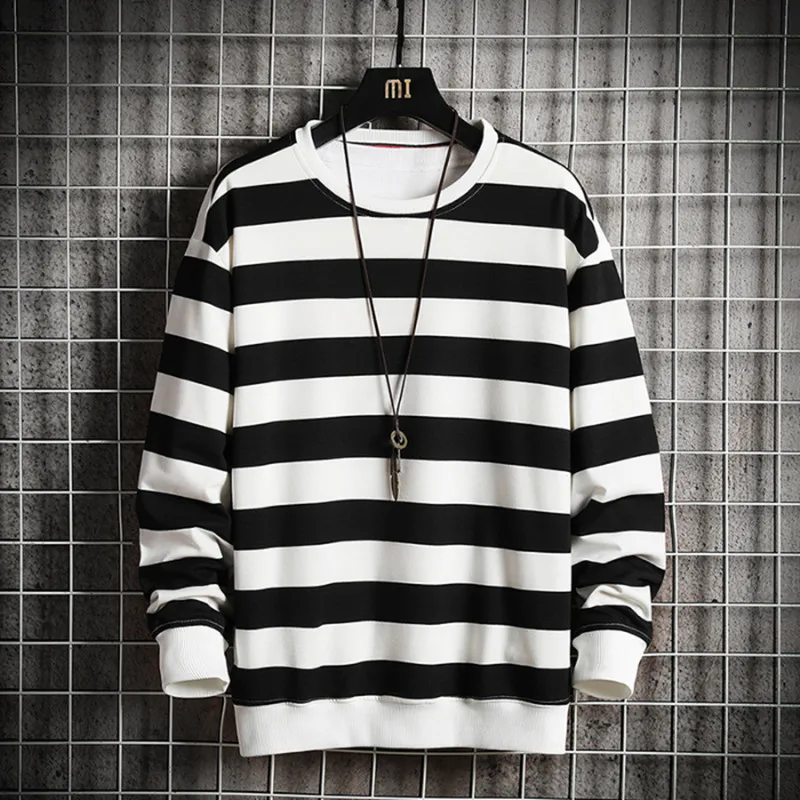 EL BARCO Spring Cotton Stripe Sweatshirt Men Hoodies Soft Black White Fashion Tops Coats Yellow Pink Male Pullover Jackets M-4XL