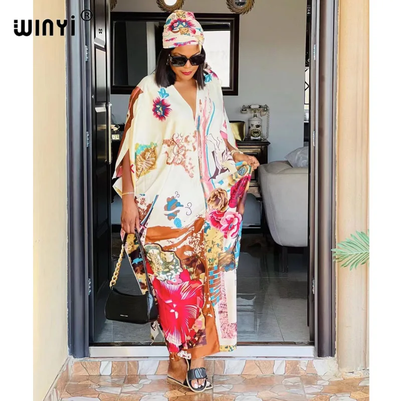 2021 Europe Women Letter Print Sexy V-Neck Thigh African Maxi Dress Long Sleeve Elegant Boho Beach Dress Casual Long Dresses