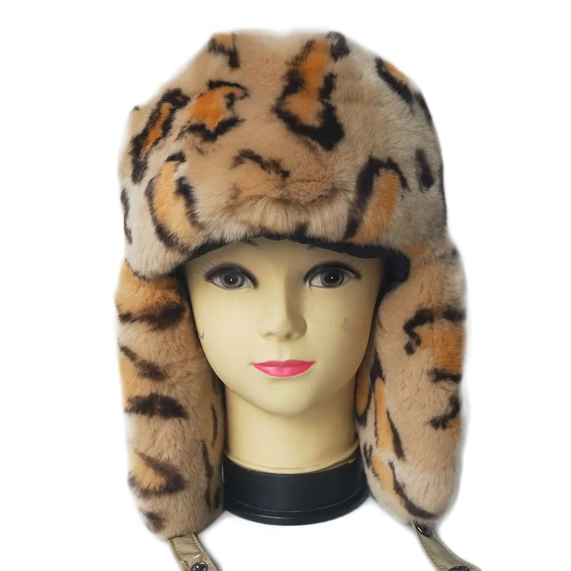 Russia Real Rex Rabbit Fur Hat With Earflap Fashion Warm Winter Women Bombers Hat Genuine Fur Female Cap Luxury White Fur Caps