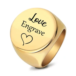 Customized Signet Ring for Women Stainless Steel Gold Rings Round Personalized Engrave Logo Name Photo Anniversary Memorial Gift