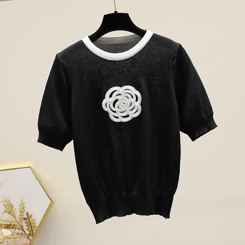 2024 Summer New Fashion Three-Dimensional Floral Knitted Top Women\'s Streetwear French Elegant Casual White Crop Sweater Female