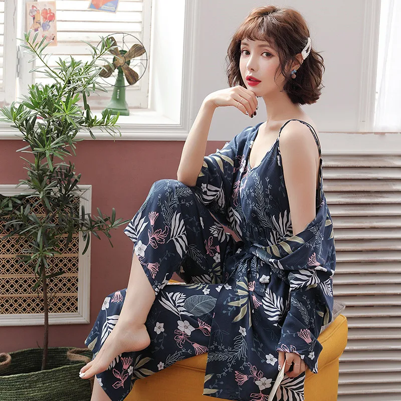 Kupokasi 3 Piece Spring Autumn Floral Printed Women Pajamas Set Viscose Sleepwear Girl Pyjamas Top  Long Pants Night Suit