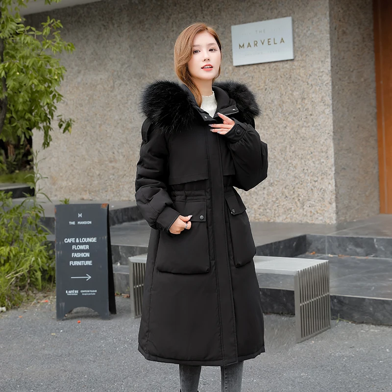 New big fur collar winter jacket thick warm down cotton mid-length outer parka coat women waist large size jacket jacket women