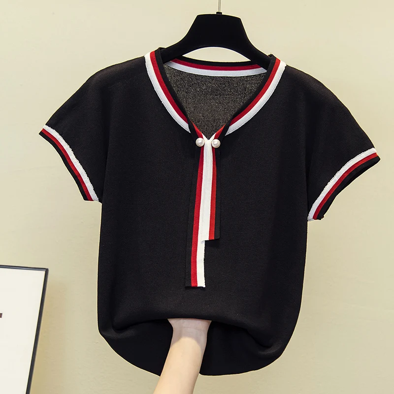 chic casual Summer Basic Sweater pullovers Women v-neck STripe Knit Slim Pullover female Short Sleeve Thin black Sweaters