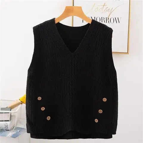 

Black 2022 Spring Autumn Women's V-neck Girls' Sweater Vest Loose Knit Outer Wear Leisure Student Coat Top Cloth for Women Girl