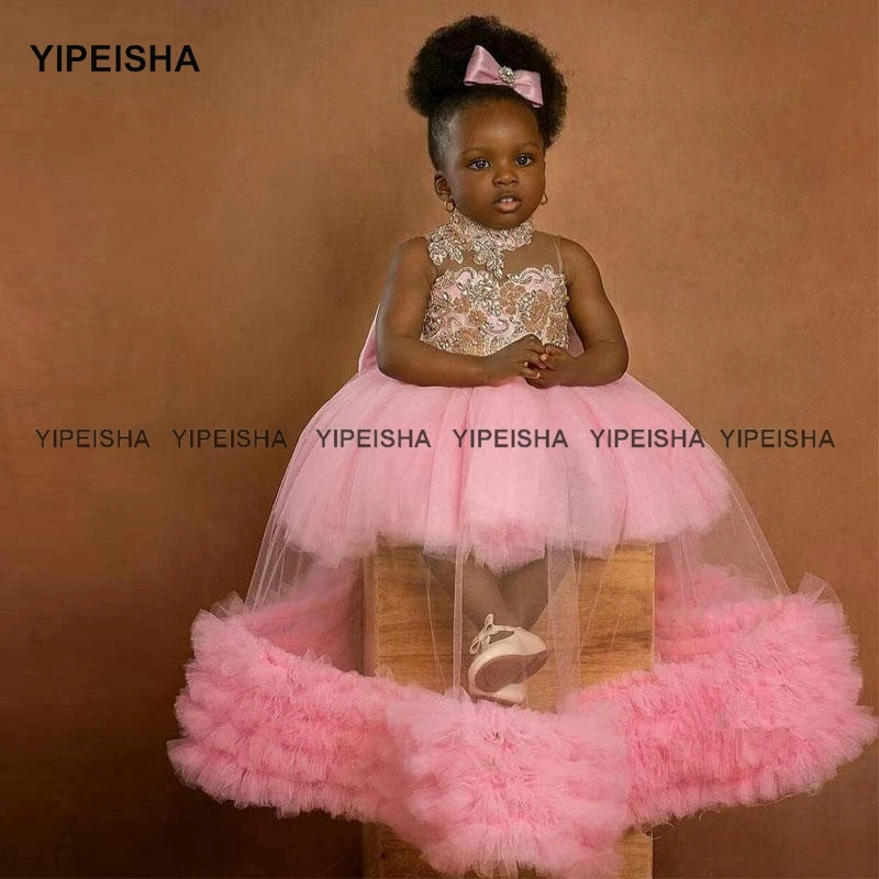 Yipeisha – robe à fleurs roses pour filles, tenue de mariage transparente, bouffante, perlée, robe de concours, première Communion pour tout-petits